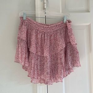 Loveshackfancy pink floral silk ruffle mini skirt